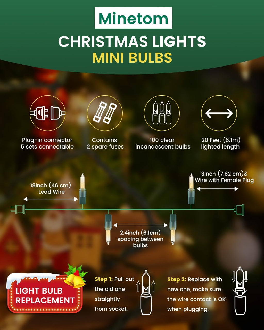 Minetom 100 Clear Christmas String Lights Green Wire - Indoor Outdoor Festive Decor