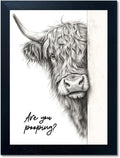 Rustic Funny Highland Cow Bathroom Wall Art - Humorous 'Are You Pooping?' Canvas Print with Black Frame (8x10)