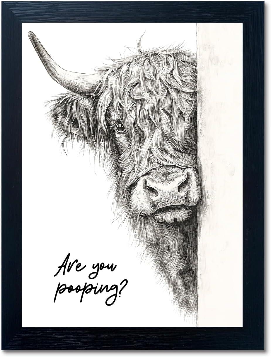 Rustic Funny Highland Cow Bathroom Wall Art - Humorous 'Are You Pooping?' Canvas Print with Black Frame (8x10)