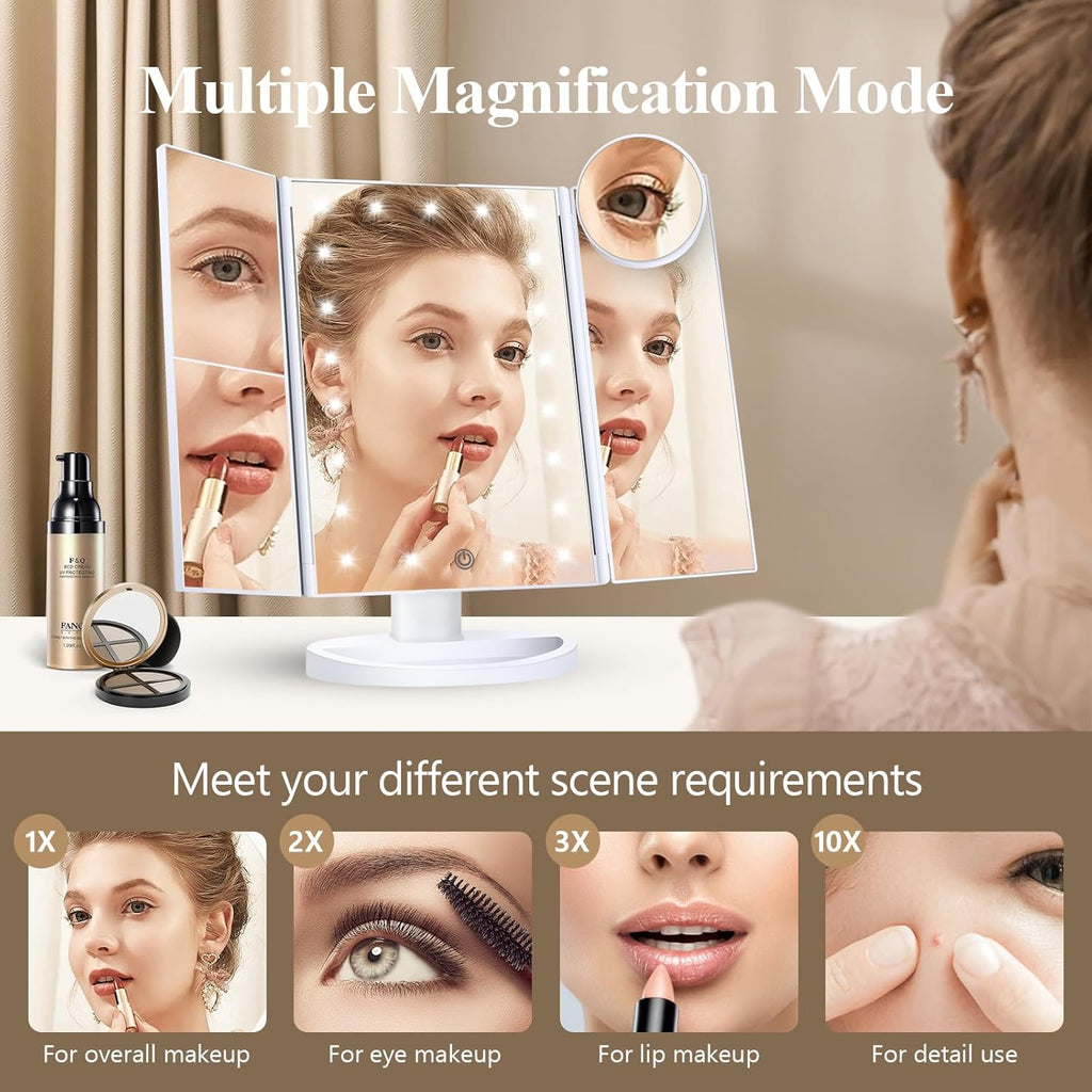HUONUL Lighted Makeup Mirror - 2X/3X/10X Magnification, Trifold, Dual Power