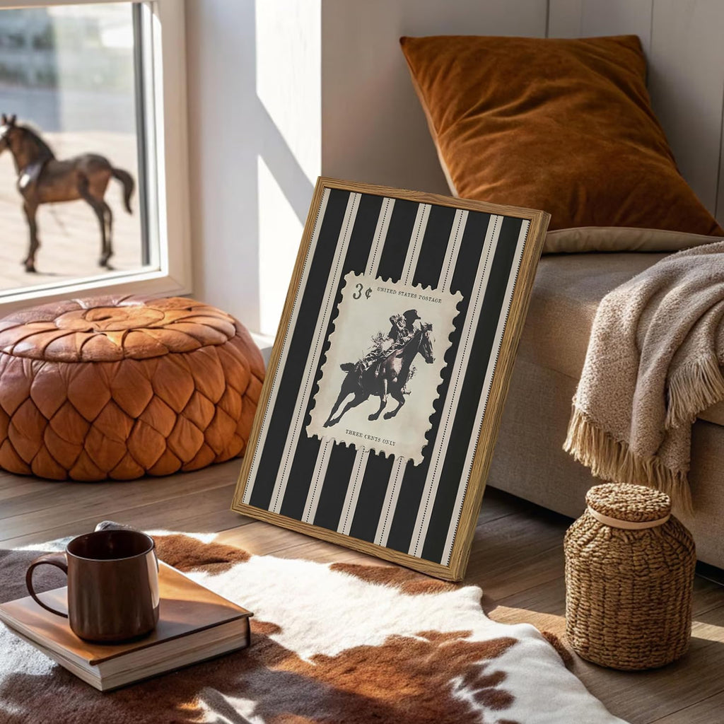 Vintage Western Cowboy Wall Art - Black & White Striped Framed Canvas Print (12x16)