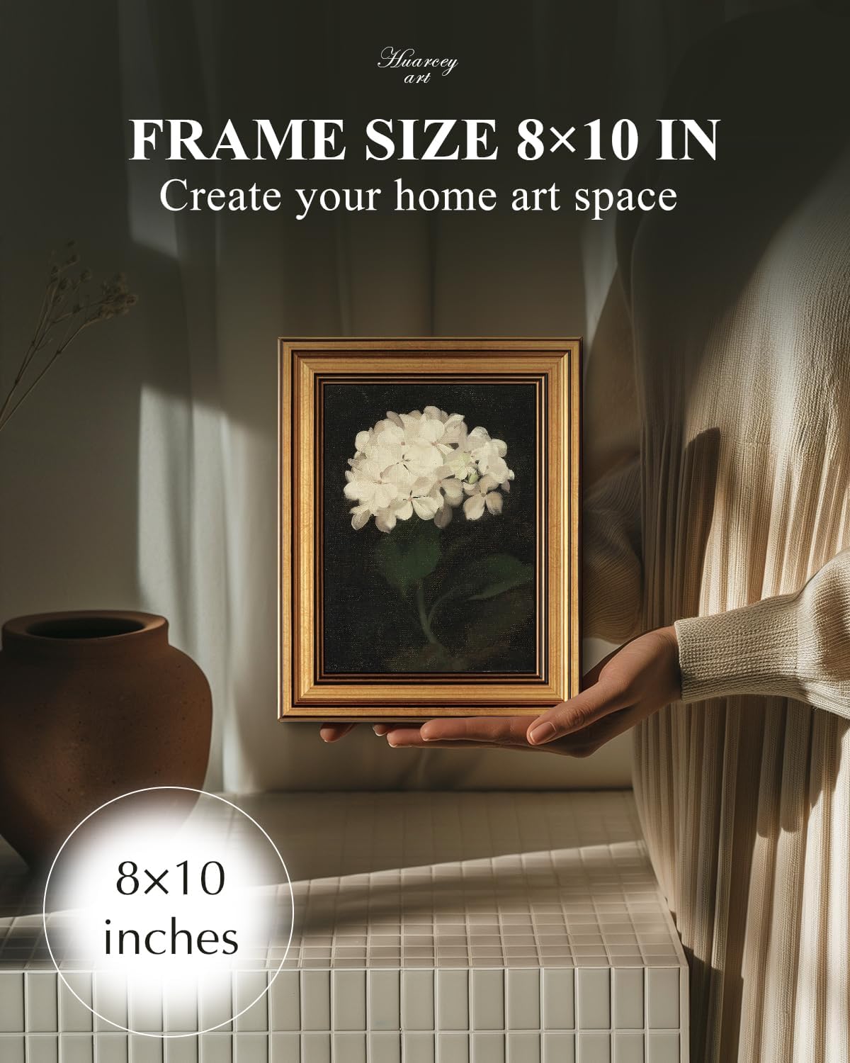 HUARCEY Gold Framed Vintage White Hydrangea Wall Art Print (8"x10")