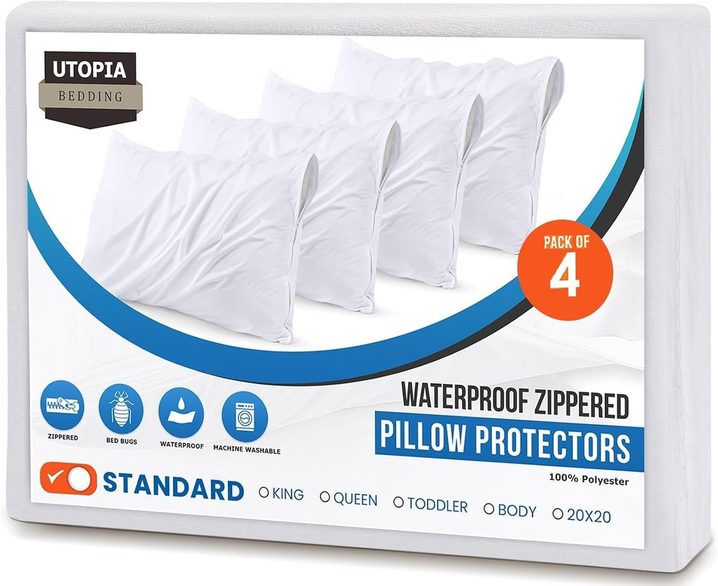 Bed Bug & Dust Mite Proof Pillow Protectors (Set of 4) - Ultra Soft Zippered Pillow Covers by Utopia Bedding