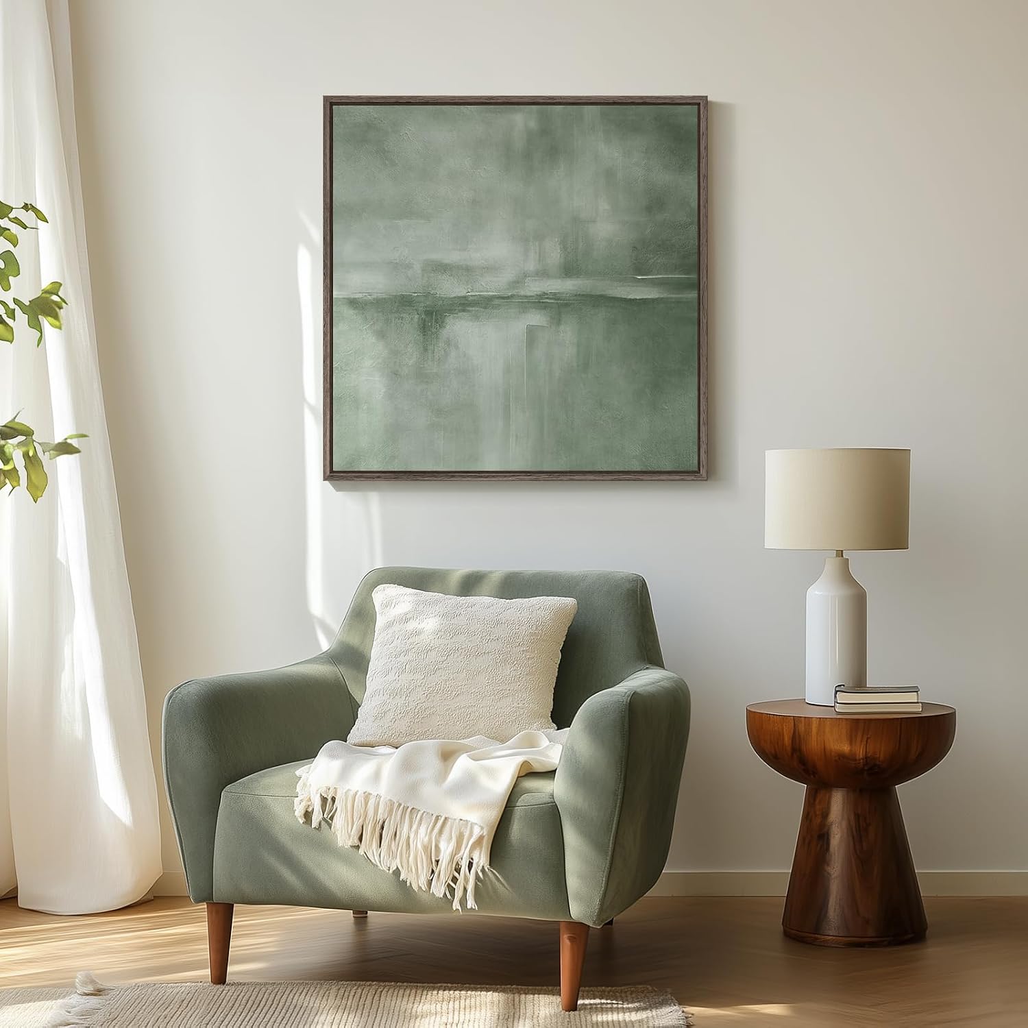 Cuspin Sage Green Framed Abstract Wall Art - Modern Square Canvas Print (30x30)
