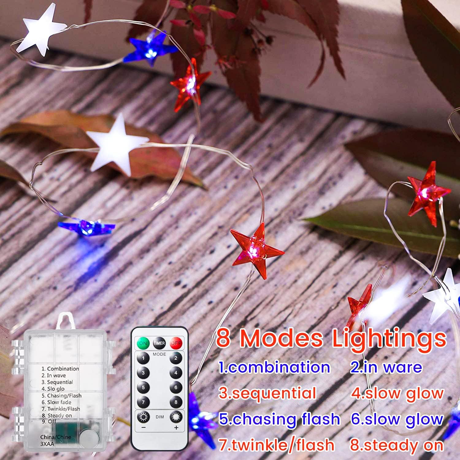 Ineximun 4th of July Patriotic String Lights - Red White Blue Battery Operated 16ft 50LED with Timer & Remote