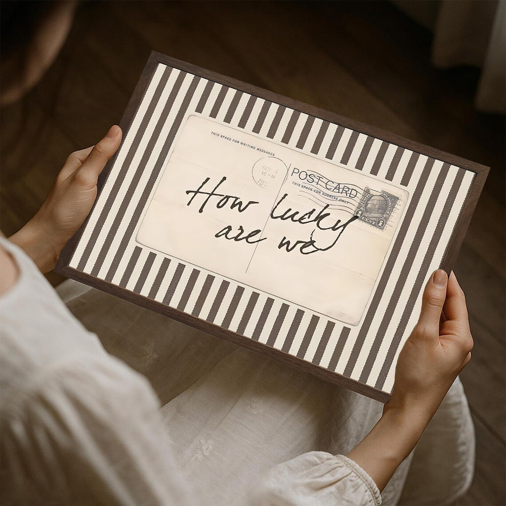 Vintage Striped 'How Lucky Are We' Inspirational Wall Art - Preppy Quote Print, 12x16 Framed Canvas for Living Room