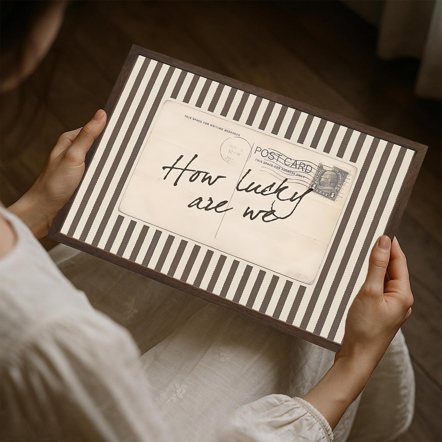 Vintage Striped 'How Lucky Are We' Inspirational Wall Art - Preppy Quote Print, 12x16 Framed Canvas for Living Room