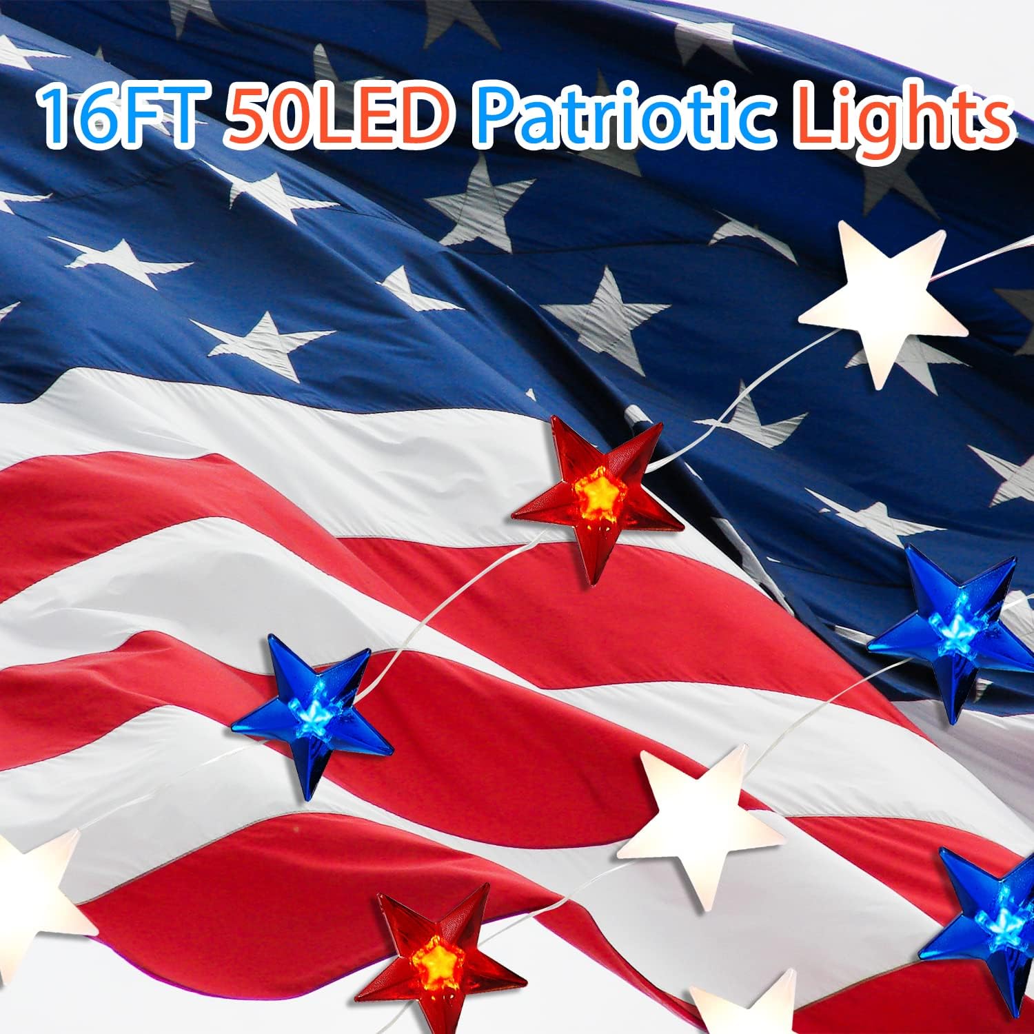 Ineximun 4th of July Patriotic String Lights - Red White Blue Battery Operated 16ft 50LED with Timer & Remote