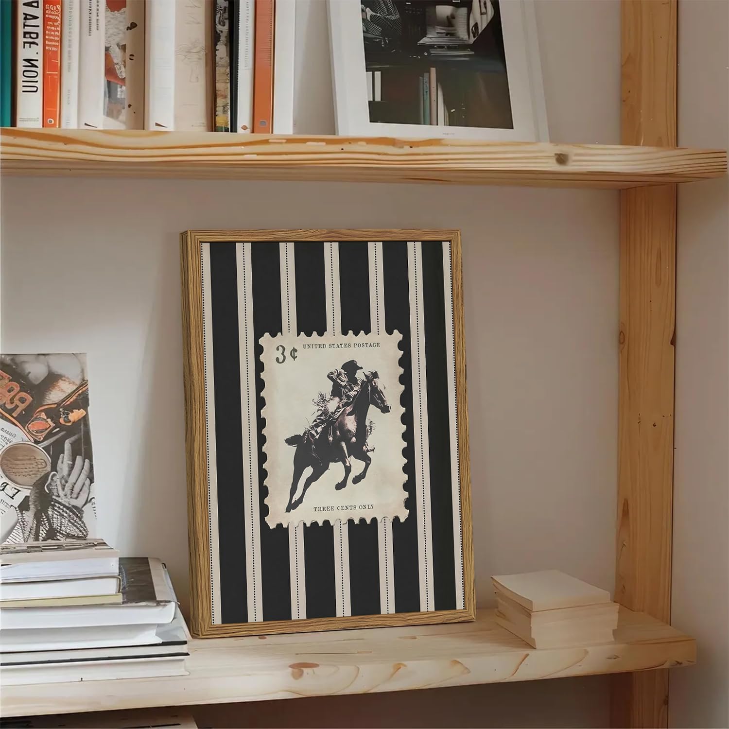 Vintage Western Cowboy Wall Art - Black & White Striped Framed Canvas Print (12x16)