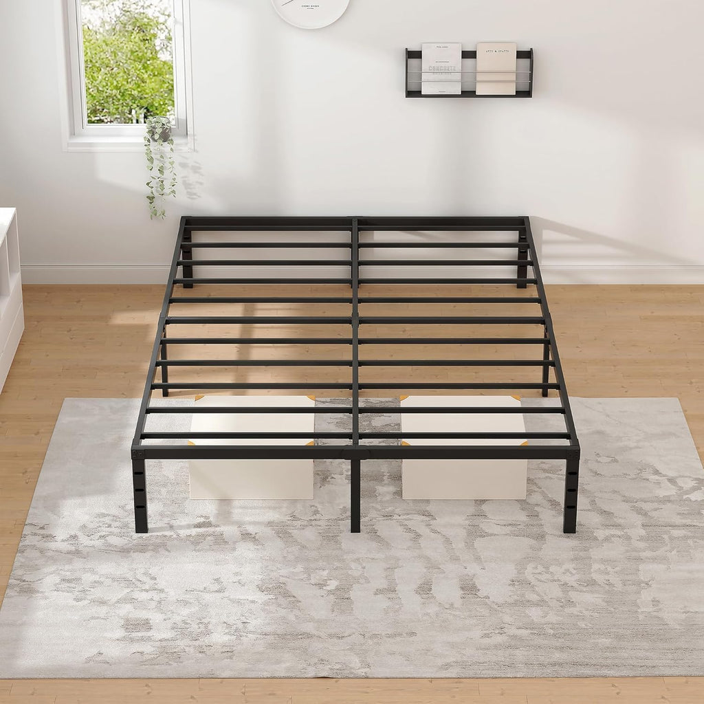 NEW JETO Queen Size Metal Bed Frame w/Storage - Heavy Duty Sturdy Mattress Foundation (No Box Spring)