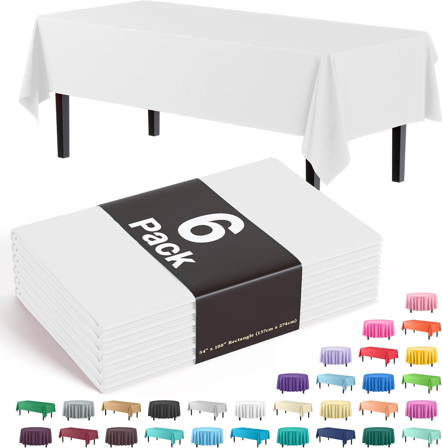 Party Solids White Plastic Tablecloth 6-Pack - 54in x 108in Rectangle (Heavy-Duty Disposable)