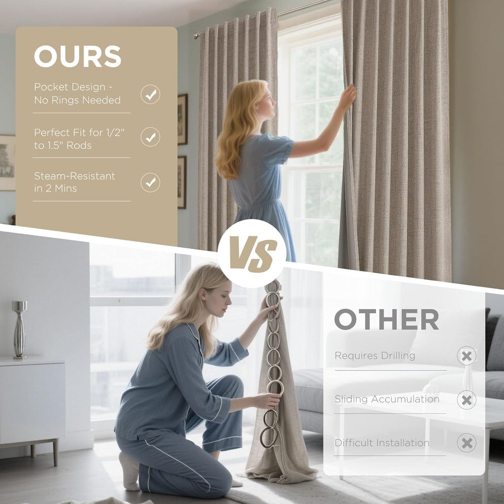 Joydeco 100% Blackout Linen Curtains for Bedroom/Living Room - Nature Textured Drapes with Thermal Insulation (2 Panels)