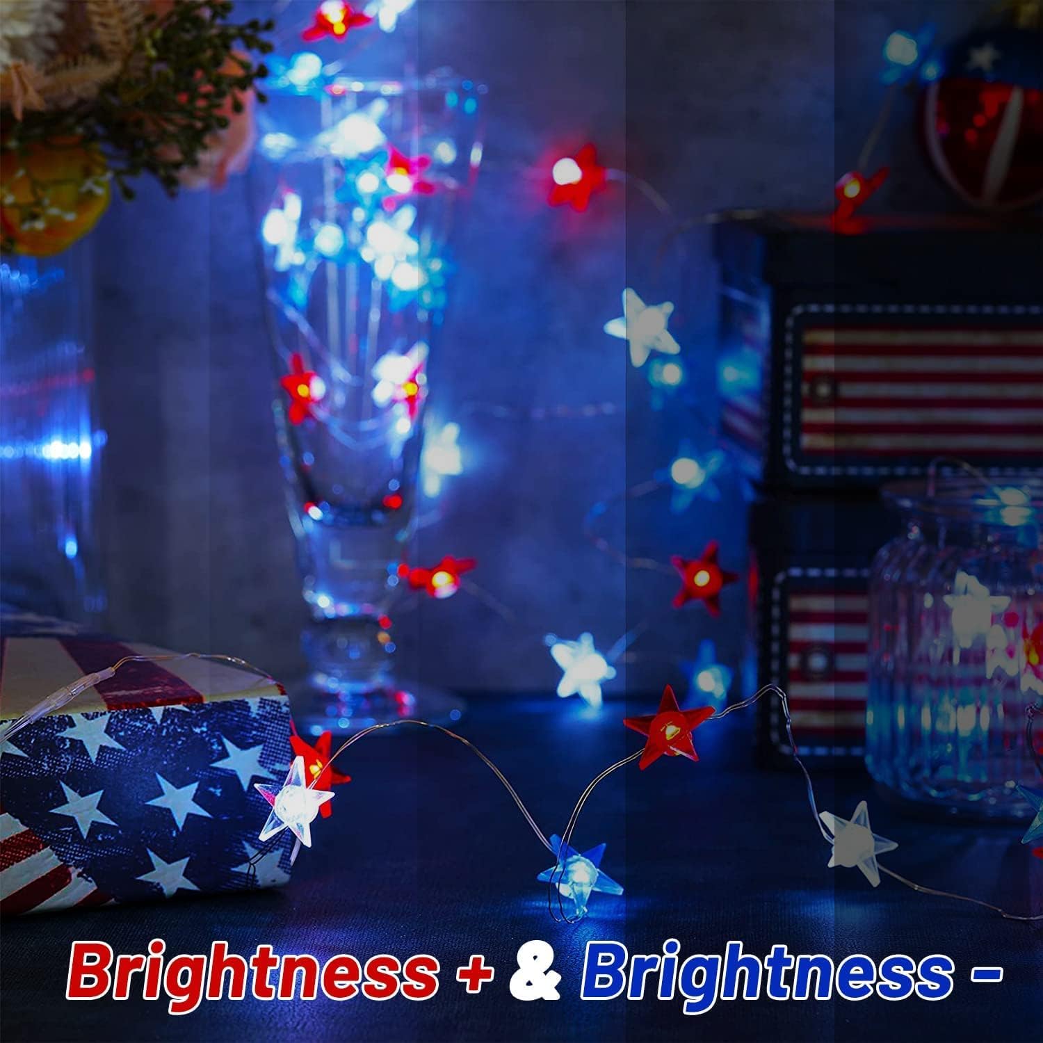 Ineximun 4th of July Patriotic String Lights - Red White Blue Battery Operated 16ft 50LED with Timer & Remote