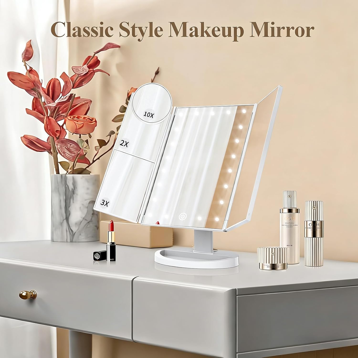 HUONUL Lighted Makeup Mirror - 2X/3X/10X Magnification, Trifold, Dual Power