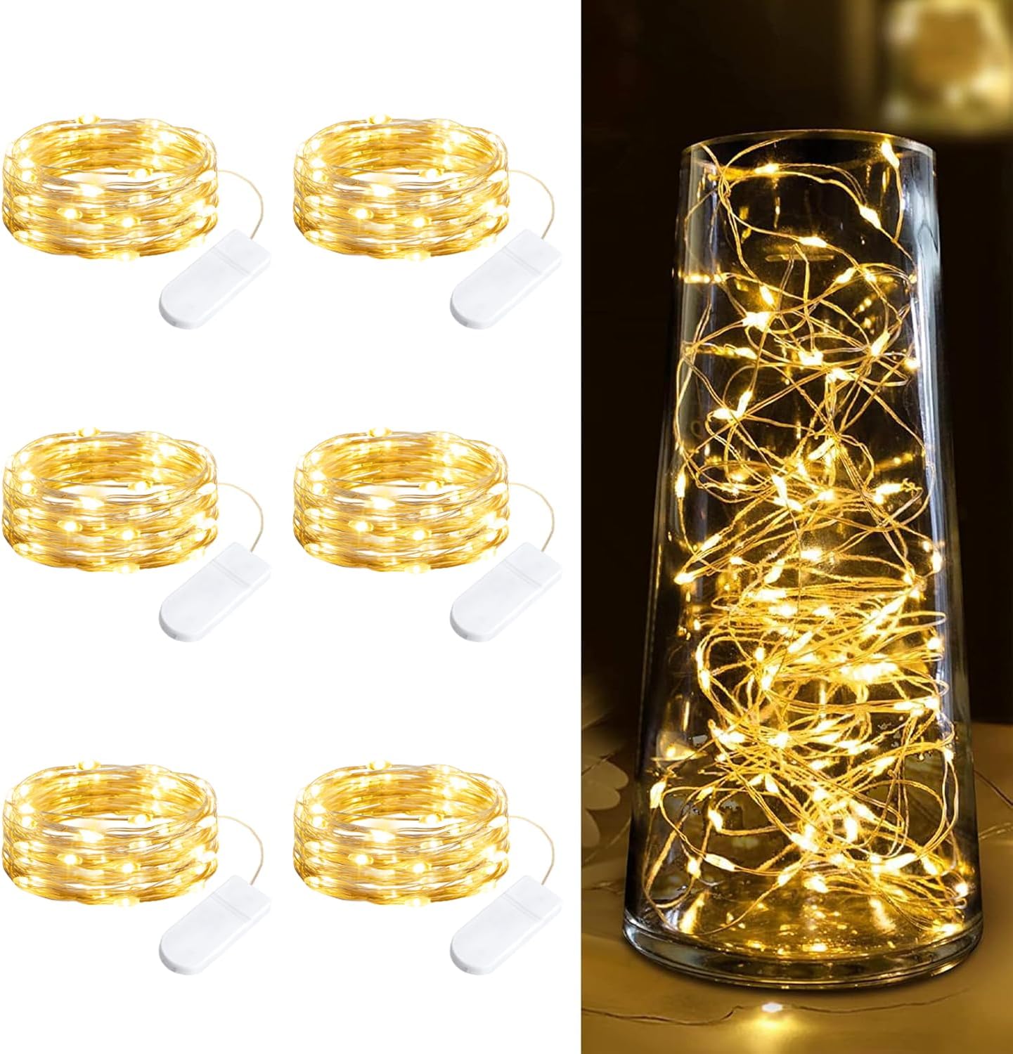 Minetom Battery-Operated Fairy Lights - 6-Pack 7ft Waterproof Warm White LED String for Weddings & Decor