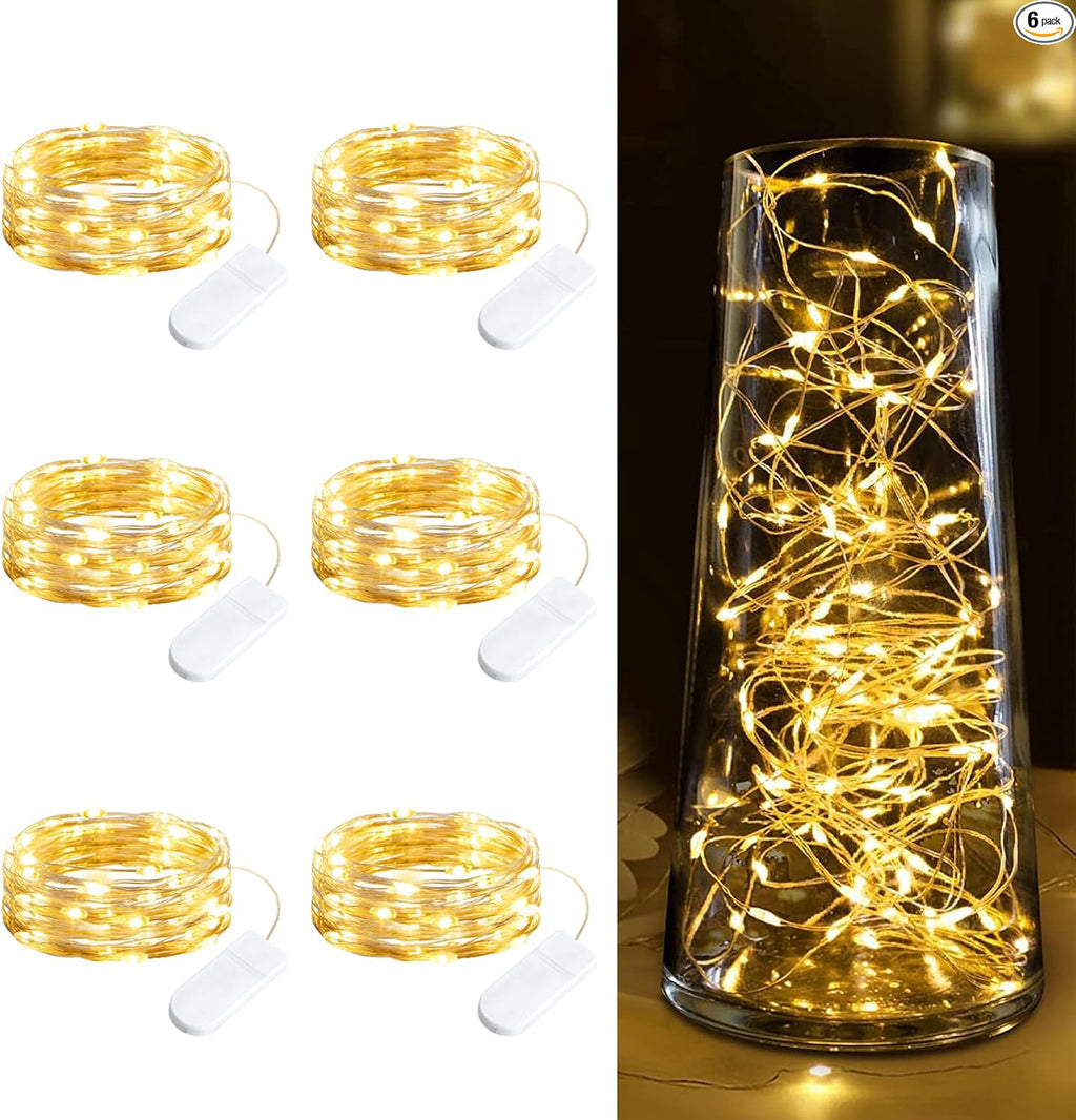 Minetom Battery-Operated Fairy Lights - 6-Pack 7ft Waterproof Warm White LED String for Weddings & Decor