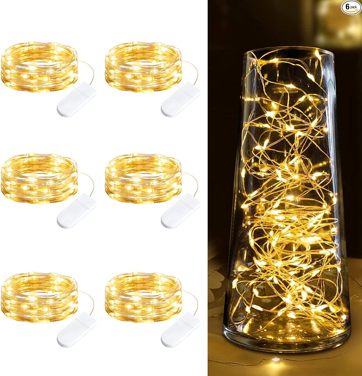 Minetom Battery-Operated Fairy Lights - 6-Pack 7ft Waterproof Warm White LED String for Weddings & Decor