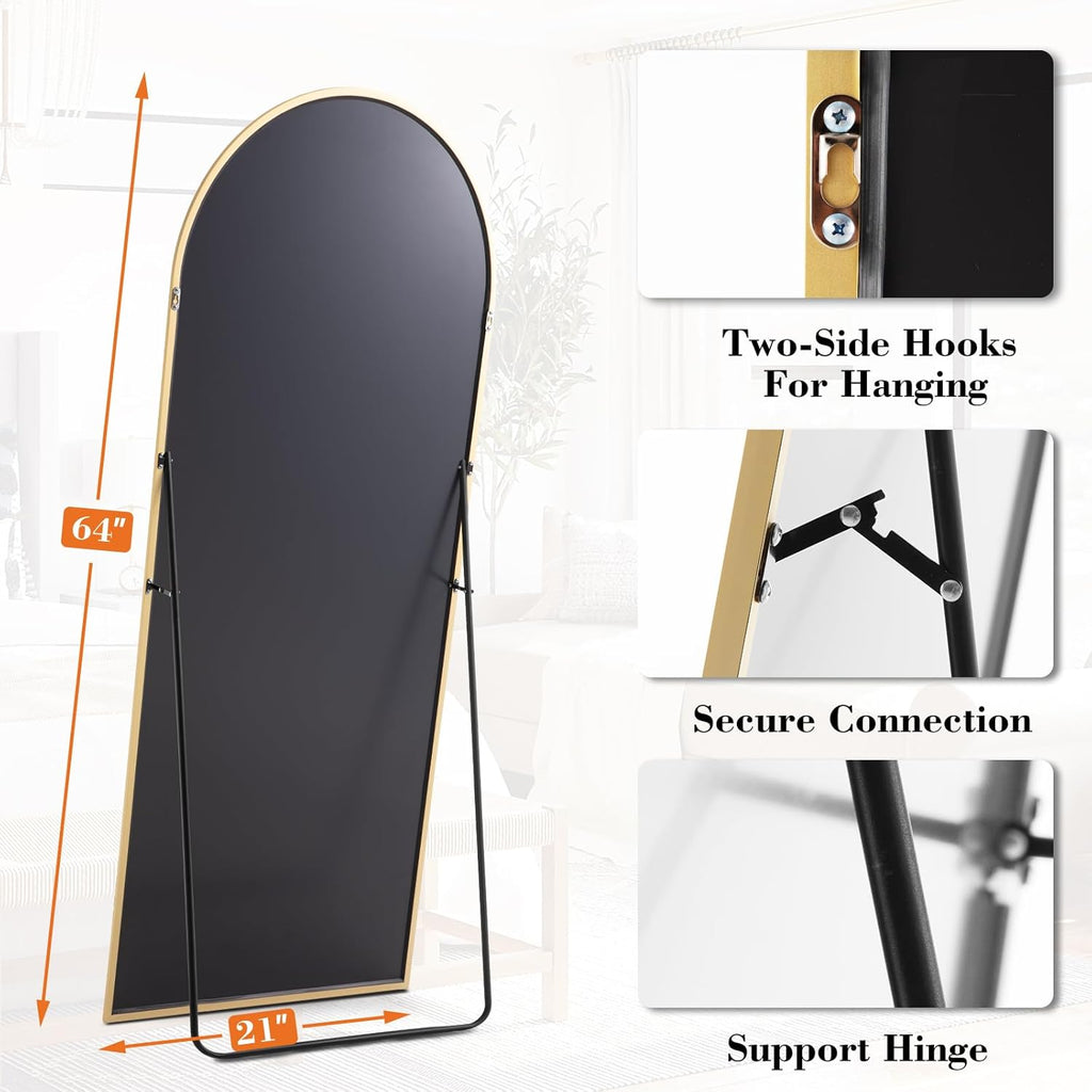 DUMOS Gold Arched Full Length Floor Mirror 64x21 - Shatterproof Modern Decor