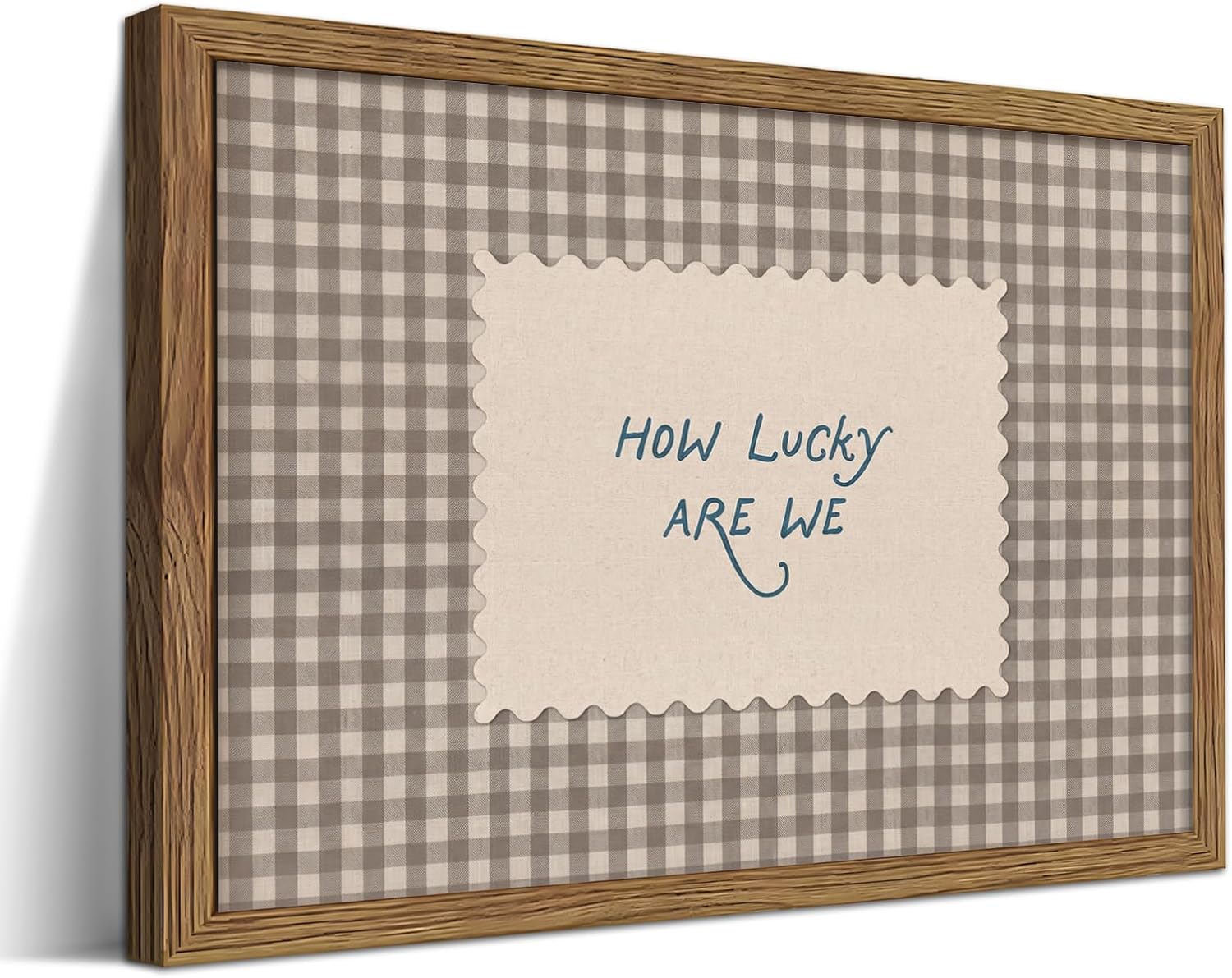 How Lucky Are We Framed Canvas Wall Art - Vintage Gingham Preppy Decor for Bedroom/Dorm