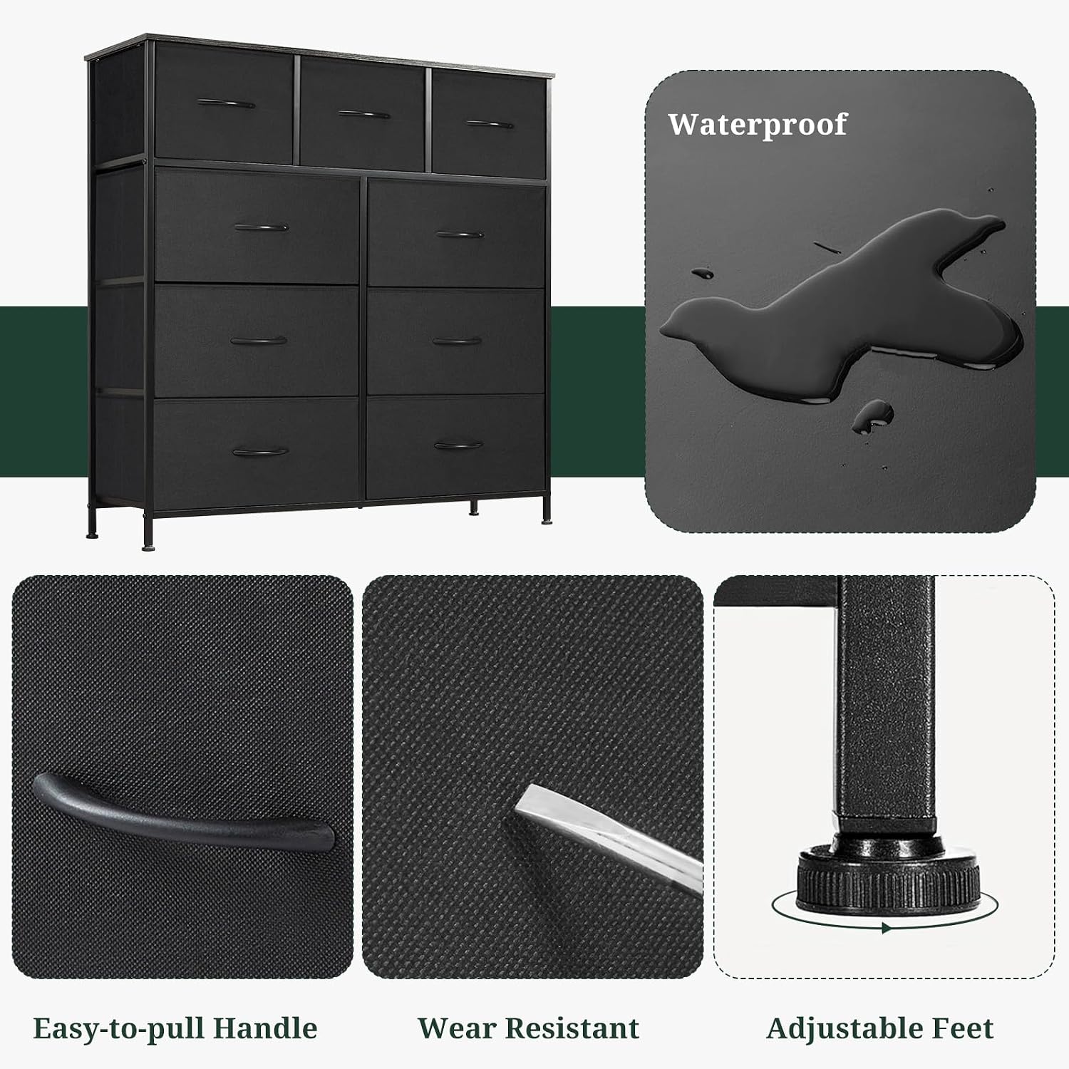 SageNest 9-Drawer Anti-Tip Dresser - Spacious Bedroom Storage Chest with Fabric Drawers for Closets & Entryways