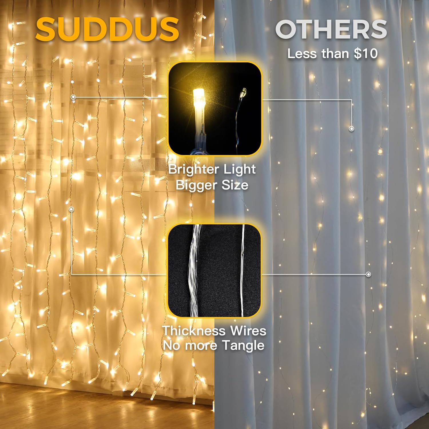 Suddus 200 LED Warm White Indoor/Outdoor Curtain Lights - Fairy String Lights for Bedroom, Christmas Decor