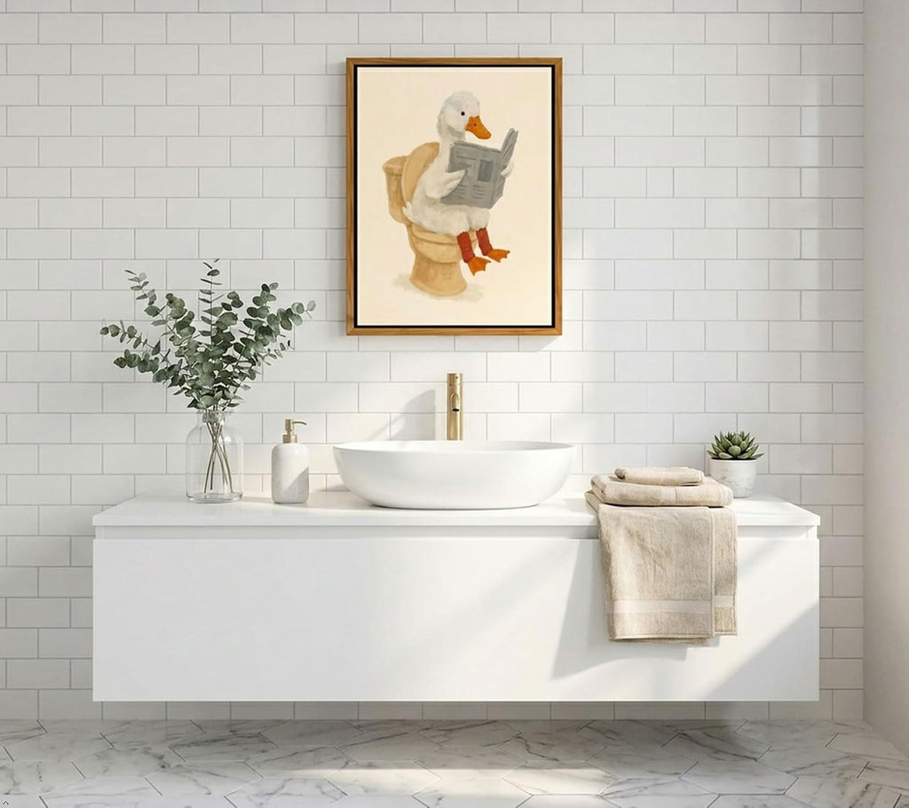 Funny Bathroom Wall Art: Goose Reading Newspaper Framed Canvas Print (8x10in)
