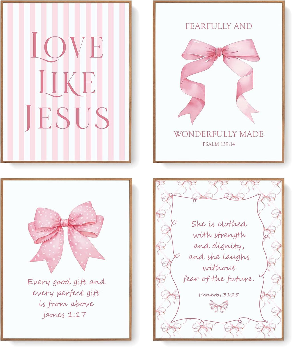 LARTSFRO Pink Bow Jesus Wall Art for Teen Girls - Set of 4 Unframed 8x10 Prints