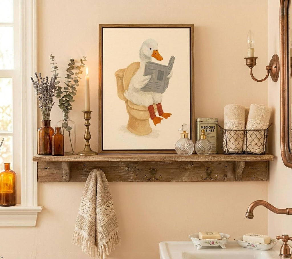 Funny Bathroom Wall Art: Goose Reading Newspaper Framed Canvas Print (8x10in)