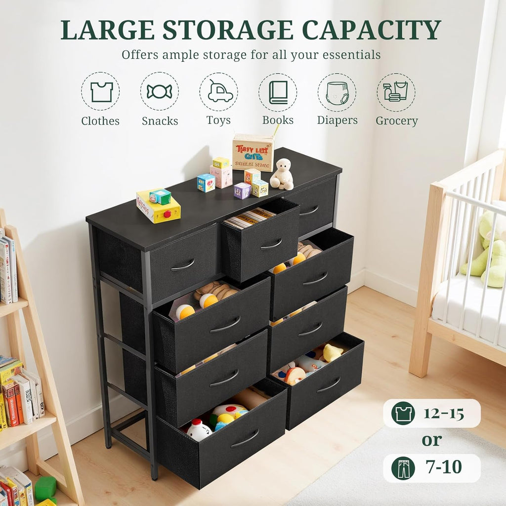SageNest 9-Drawer Anti-Tip Dresser - Spacious Bedroom Storage Chest with Fabric Drawers for Closets & Entryways