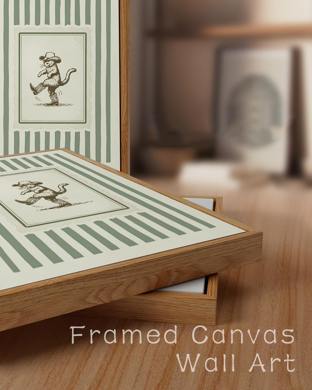 ZZLWBKGL Vintage Western Cowboy Cat Framed Wall Art - Boho Striped Canvas Print for Kids Room & Living Space