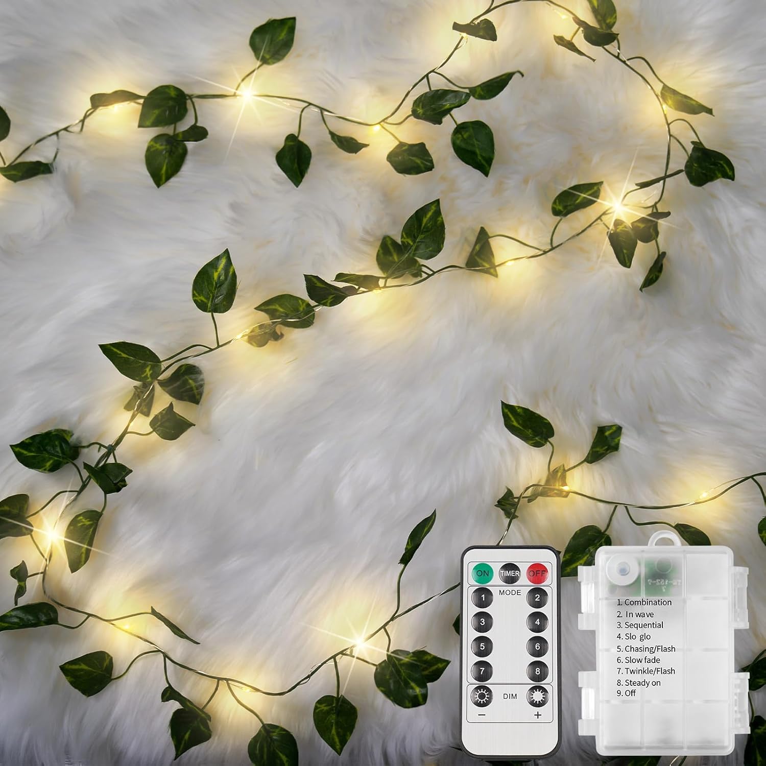 Suddus Battery-Operated Pothos Vine String Lights - 100 Warm White LEDs w/ Remote for Decor