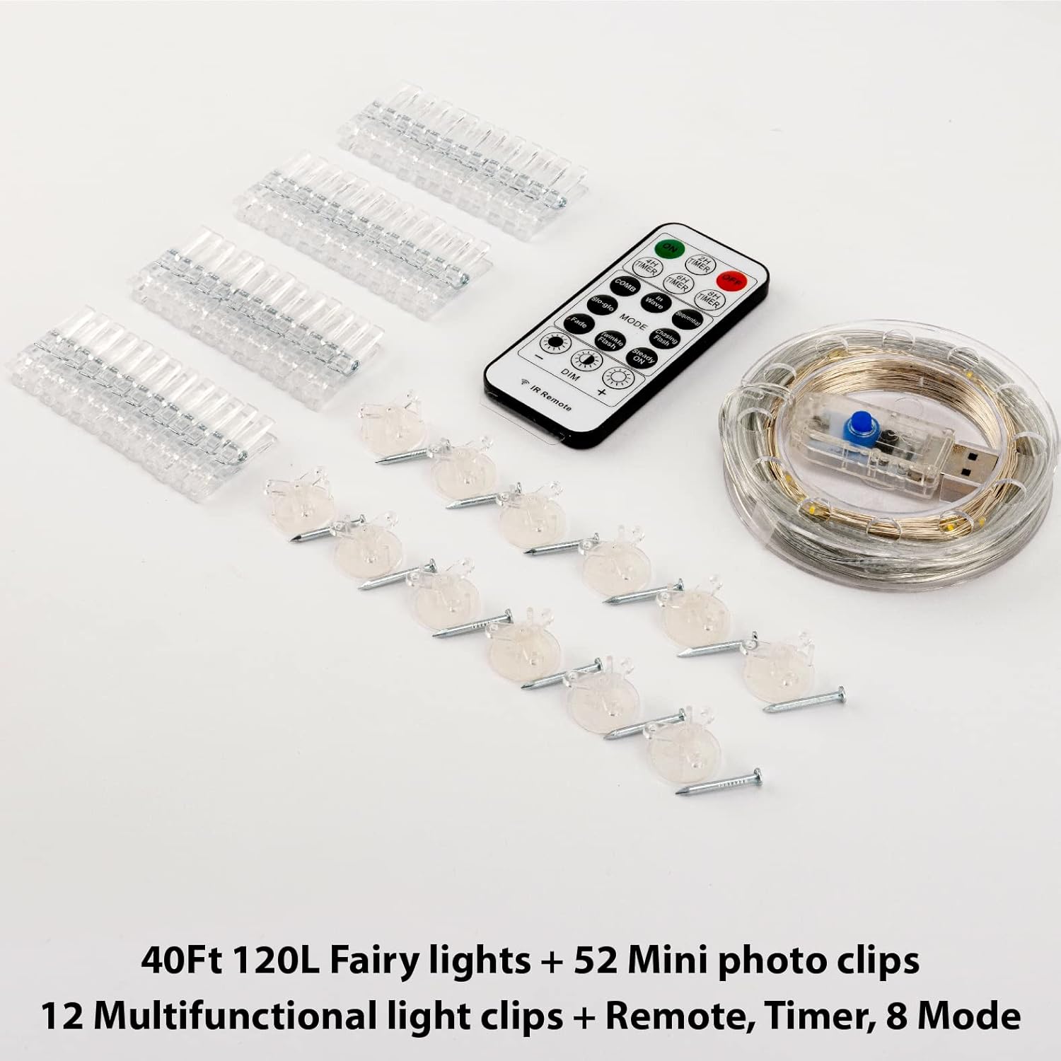 HXWEIYE 120LED Warm White 40Ft Fairy String Light w/52 Clips & Hooks - USB Powered, Waterproof, 8 Modes