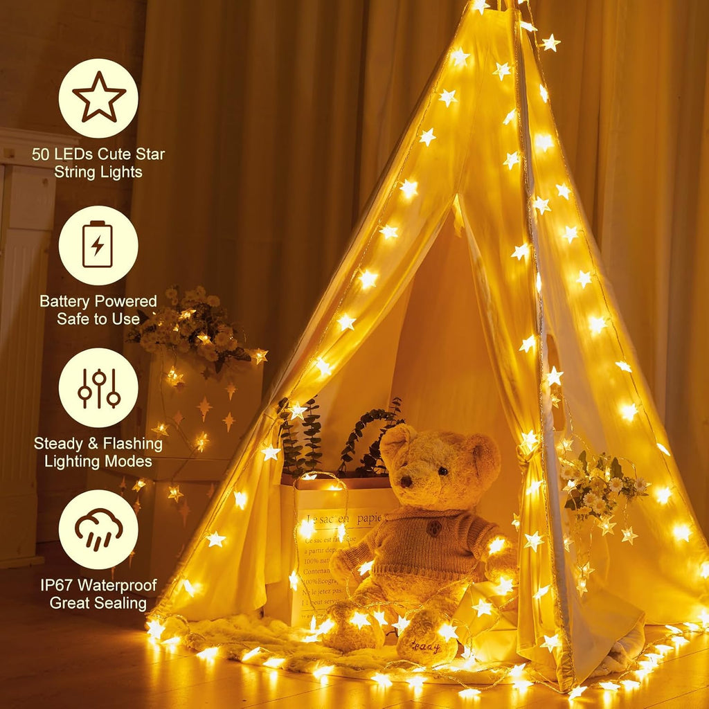 Minetom 17ft 50-LED Battery Timer Star Fairy String Lights for Indoor Outdoor Decor