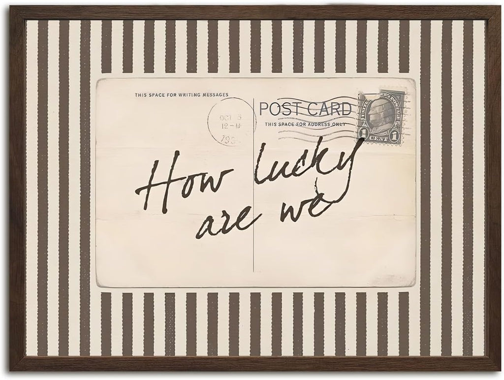 Vintage Striped 'How Lucky Are We' Inspirational Wall Art - Preppy Quote Print, 12x16 Framed Canvas for Living Room