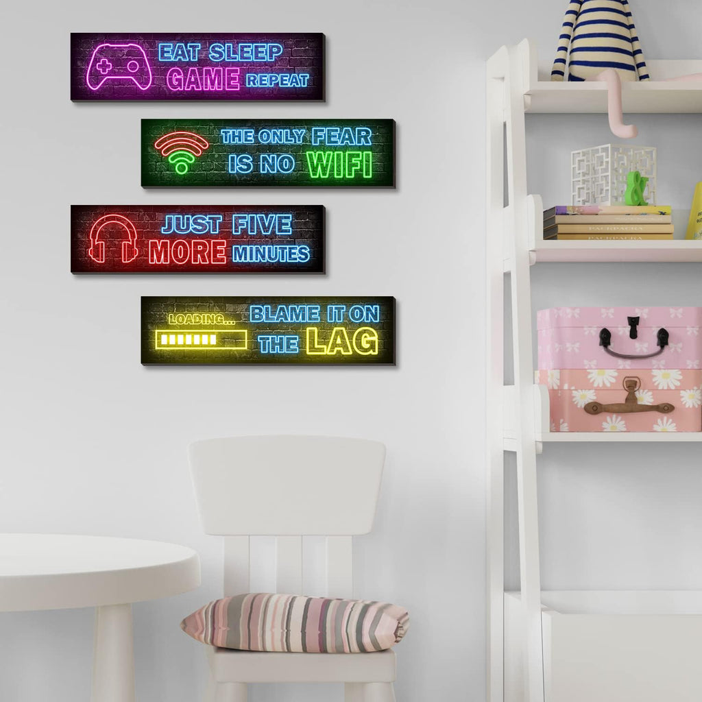 4-Piece Neon Gaming Wall Posters for Teen Boys' Rooms - Gamer Decor Set by Simimi Art