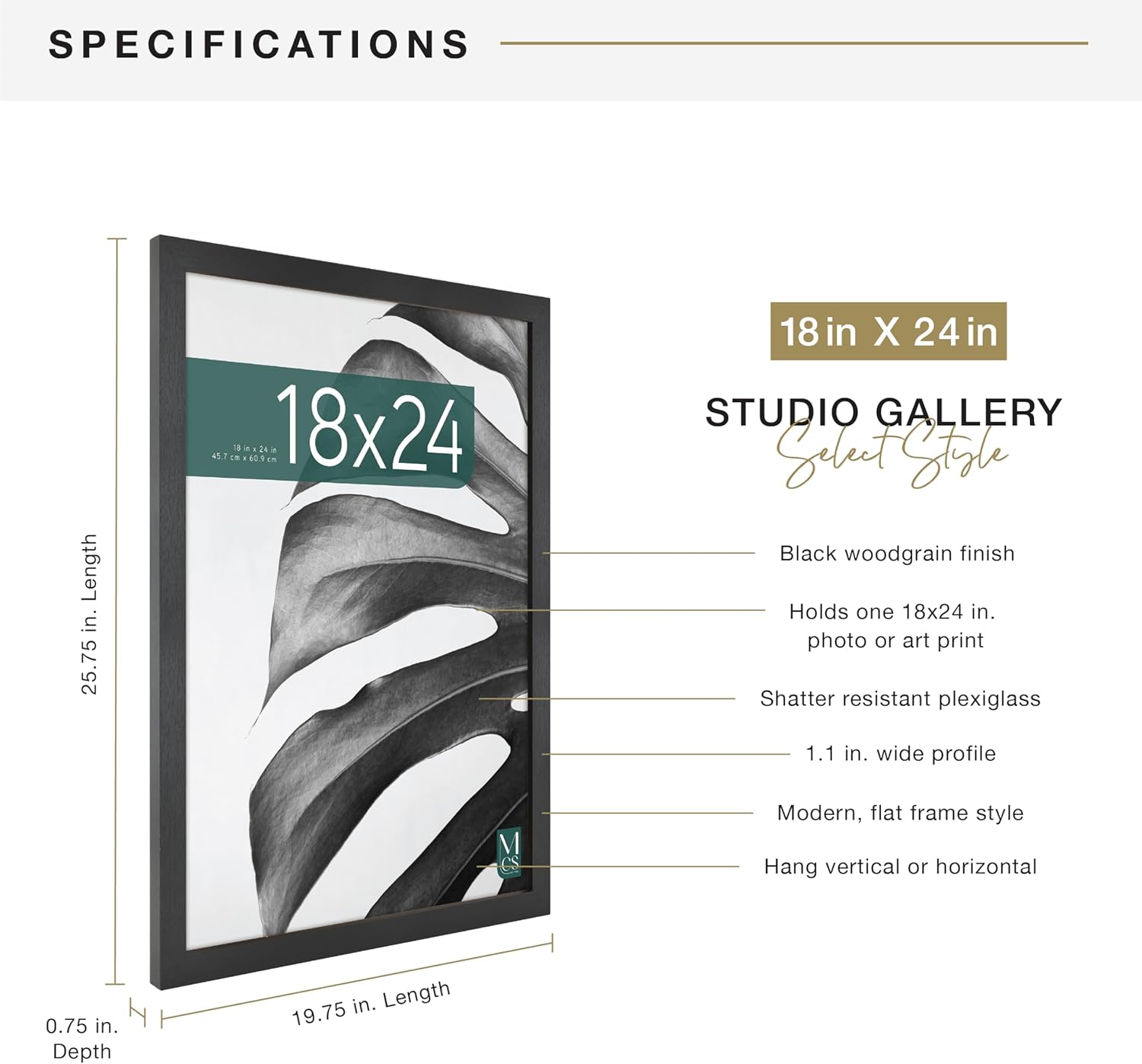 MCS Studio Gallery 18x24 Black Woodgrain Picture Frame - Durable MDF & Easel Back for Wall Display