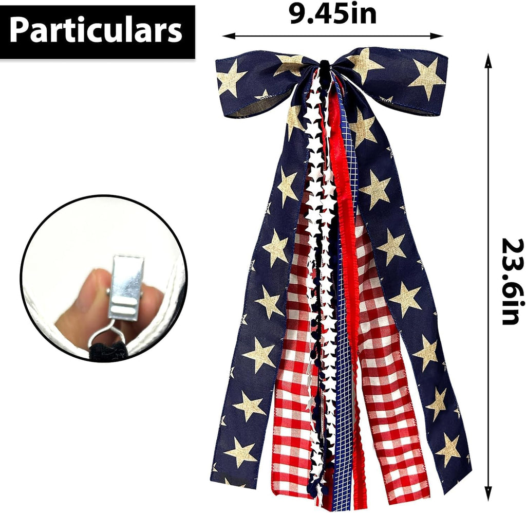 AZYM Large Patriotic Ribbon Bow - 4th of July Red White Blue Burlap Bow with Clip-On for Front Door Decor