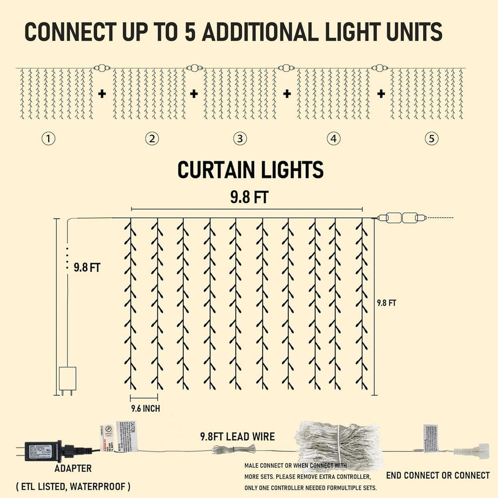 Dazzle Bright 300-LED Plug-in Curtain Lights for Indoor/Outdoor Decor