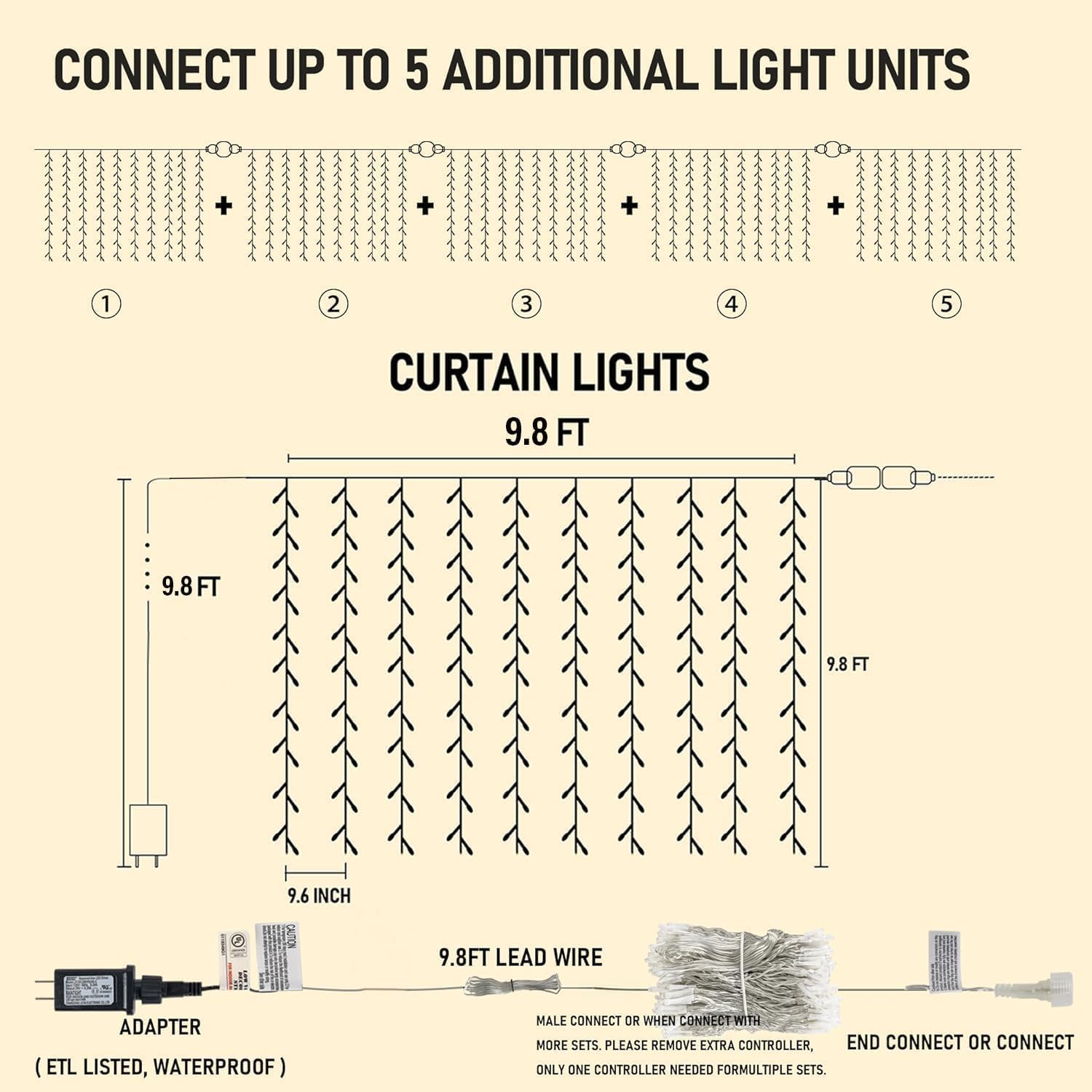 Dazzle Bright 300-LED Plug-in Curtain Lights for Indoor/Outdoor Decor