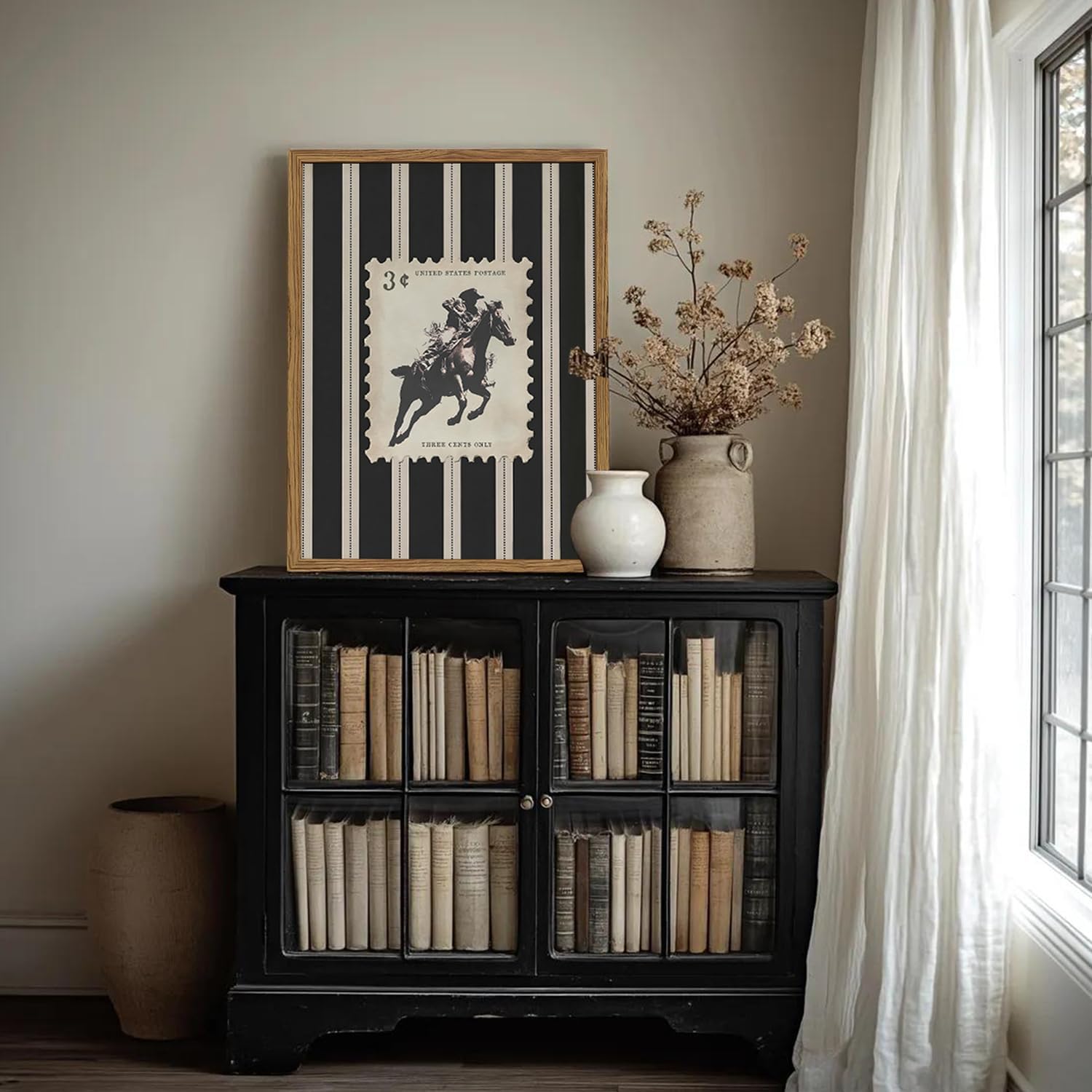 Vintage Western Cowboy Wall Art - Black & White Striped Framed Canvas Print (12x16)