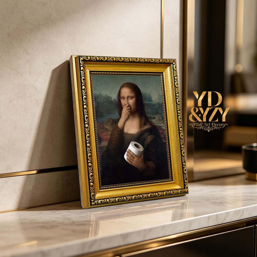 YD&YZY Humorous Gold Framed Bathroom Wall Art - Mona Lisa Pinching Nose Toilet Decor 8x10 inch