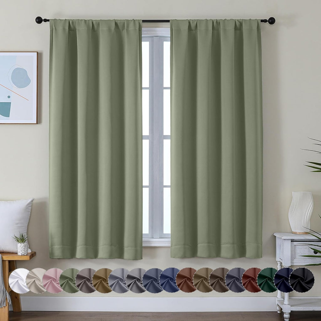 Simplebrand Sage Green Blackout Curtains - Bedroom Thermal Insulated Drapes, 63" Length, 2 Panels
