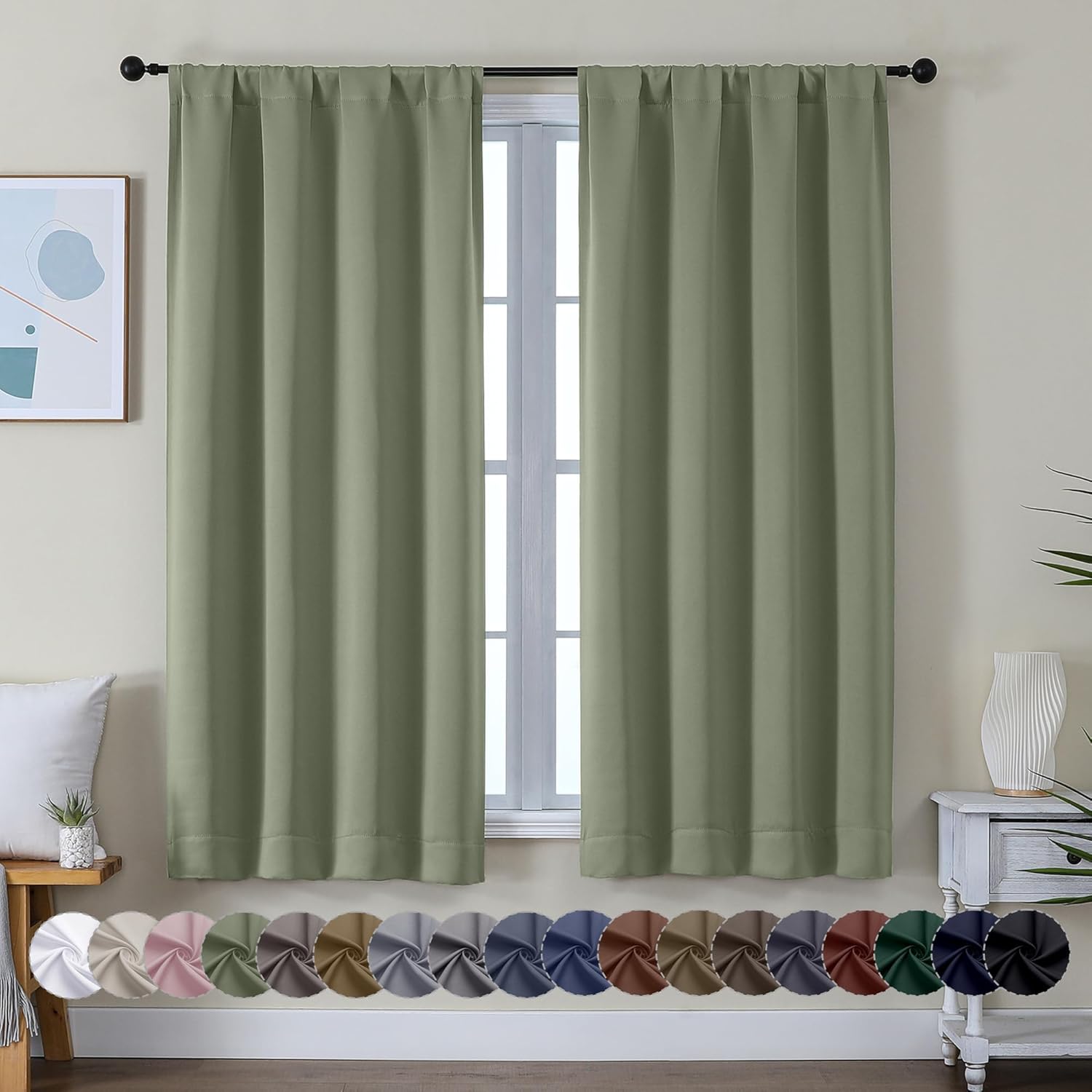 Simplebrand Sage Green Blackout Curtains - Bedroom Thermal Insulated Drapes, 63" Length, 2 Panels
