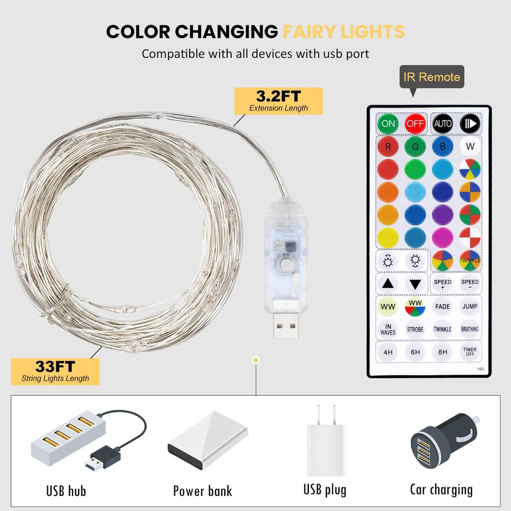 Homestarry 33ft USB Fairy Lights w/Remote - 100LED Multicolor String Lights