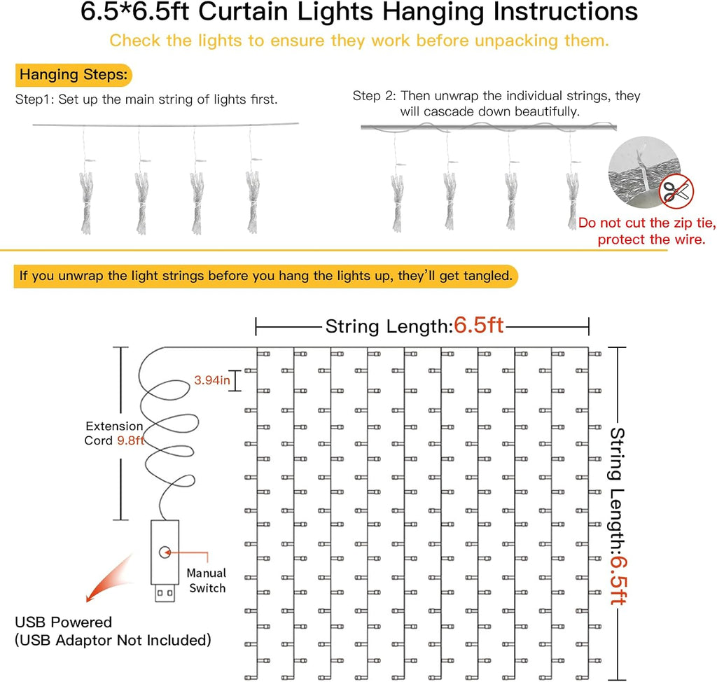 Suddus 200 LED Warm White Indoor/Outdoor Curtain Lights - Fairy String Lights for Bedroom, Christmas Decor