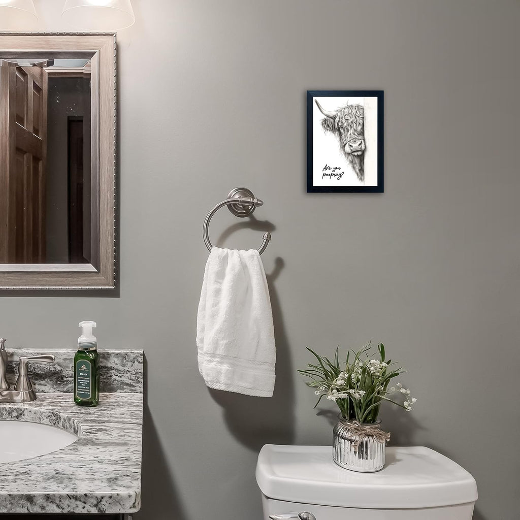 Rustic Funny Highland Cow Bathroom Wall Art - Humorous 'Are You Pooping?' Canvas Print with Black Frame (8x10)