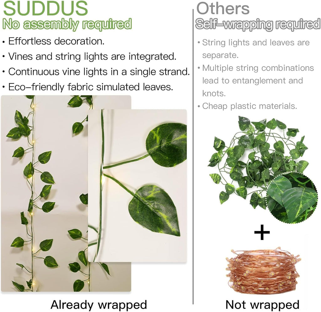 Suddus Battery-Operated Pothos Vine String Lights - 100 Warm White LEDs w/ Remote for Decor