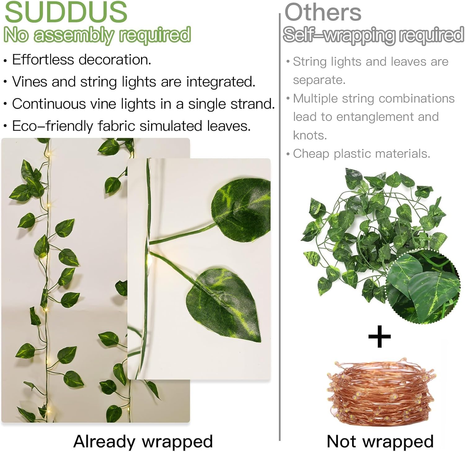 Suddus Battery-Operated Pothos Vine String Lights - 100 Warm White LEDs w/ Remote for Decor