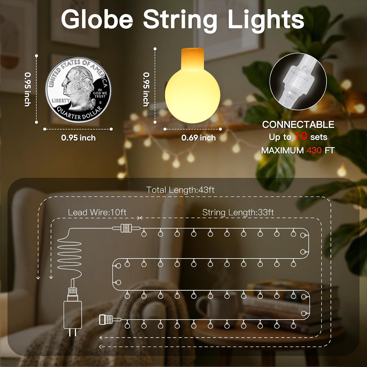 Suddus 33ft 100-LED Connectable String Lights w/Remote for Bedroom, Warm White