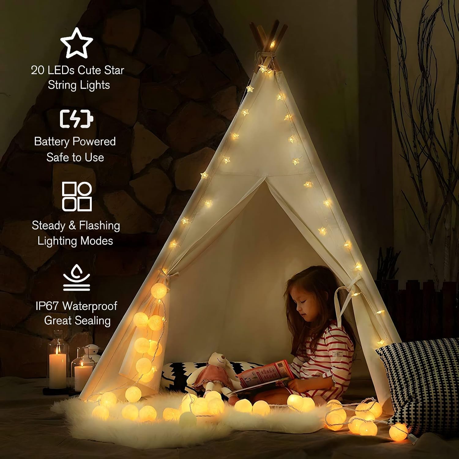 ANJAYLIA 20 LED Star String Lights - 10ft Battery Operated Warm White Indoor/Outdoor Decor